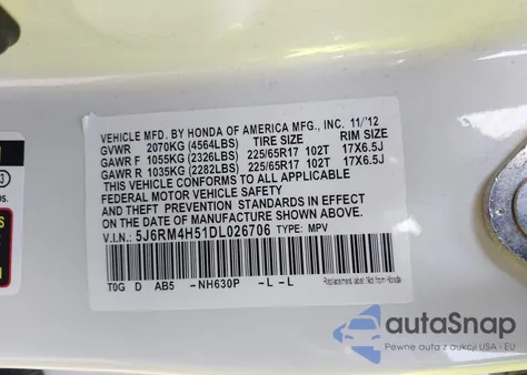 2013 Honda Cr-V Ex из США, поврежденный, VIN 5J6RM4H51DL026706